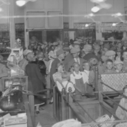 Piggly Wiggly Grocery Store opening day crowd, interior, 210 S. 3rd, Laramie, Wyoming, 1927
