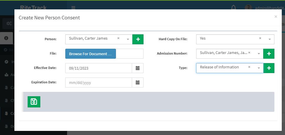 RiteTrack Tribal and Juvenile Social Services Software Admission Screenshot for Client Portal