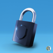 Padlock with a data security emblem on a blue packground