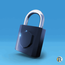Padlock with a data security emblem on a blue packground