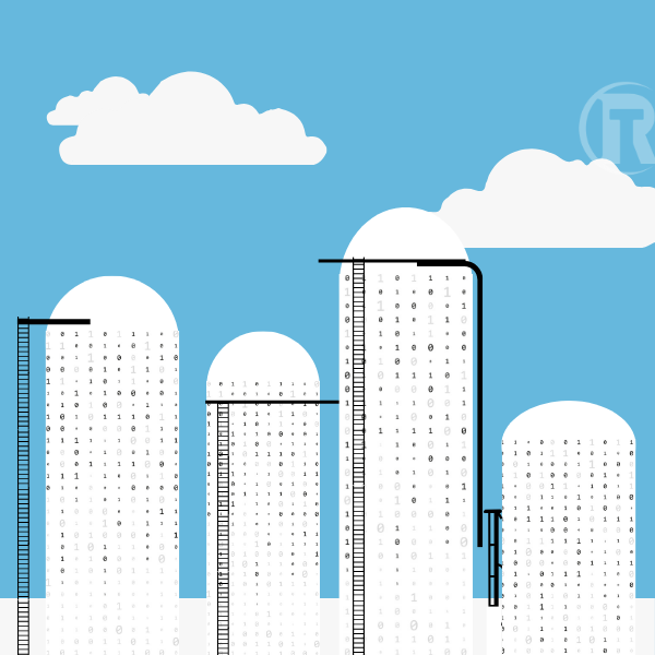 Binary data silos against a blue sky background